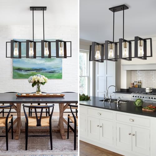 9MMML 35.4in Black Wood & Metal Kitchen Island Pendant Light 4 Lights, Adjustable Height