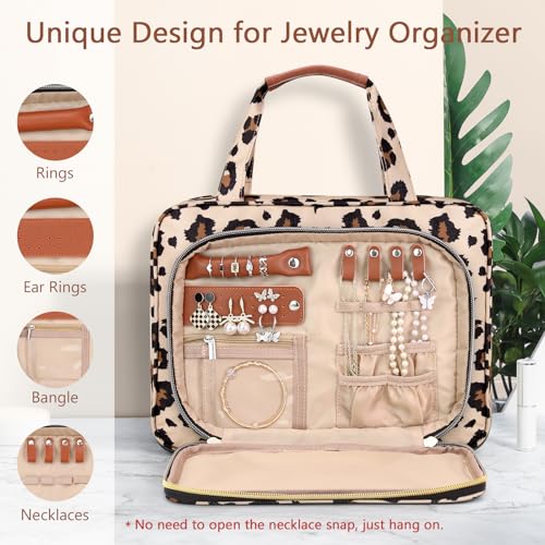 Large Waterproof Toiletry Bag for Women with Jewelry Organizer - Leopard Print Travel Organizer