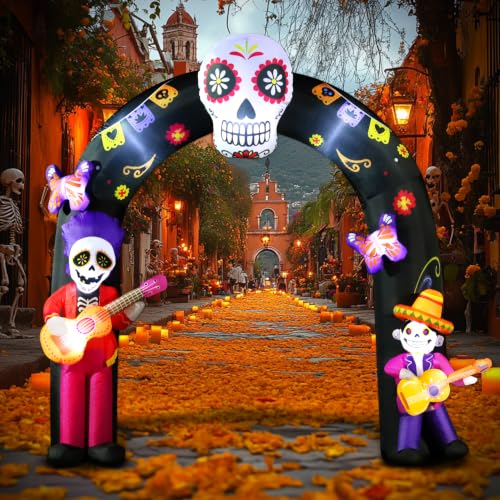 Large Halloween Inflatable Archway with LED Lights - Day of the Dead Sugar Skull & Skeleton Decor