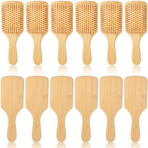Rectangular 12-Piece Bamboo Hair Brush Set - Wooden Paddle Detanglers for Hair Growth