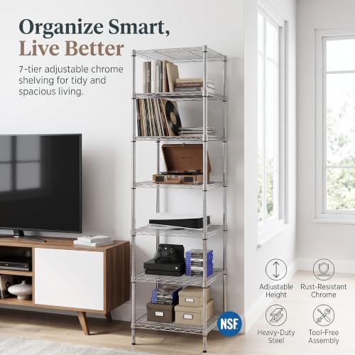 Heavy Duty 7-Tier Wire Shelving Unit - 18x18x72 Inches Chrome Adjustable Storage Rack