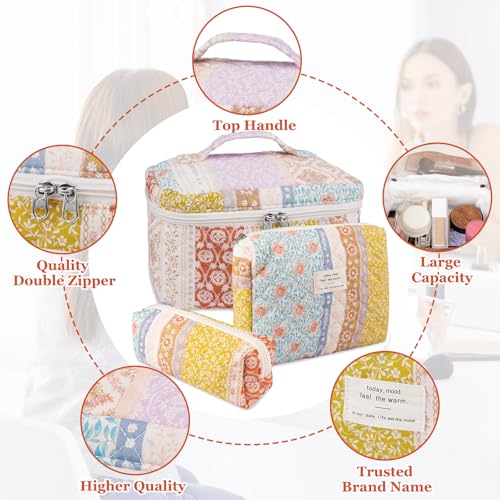 Gosect Bee Floral Quilted Makeup Bag Set, Large Travel Cosmetic Organizer