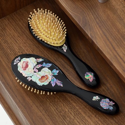 Antique Alive Butterfly Black Mother of Pearl Inlay Hair Brush - Detangling & Scalp Massage, Gift Ready