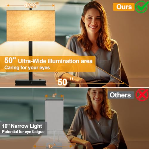 Beige Linen & Matte Black 21-Inch Touch Bedside Lamps with USB & AC Outlets - Set of 2