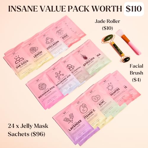 Jelly Mask for Facials - 24 Flavors Hydrating & Brightening Jelly Face Masks | Free Jade Roller & Spatula |Bulgarian Rose, Lavender, Hyaluronic Acid 24K Gold face mask | International Womens Day Gifts