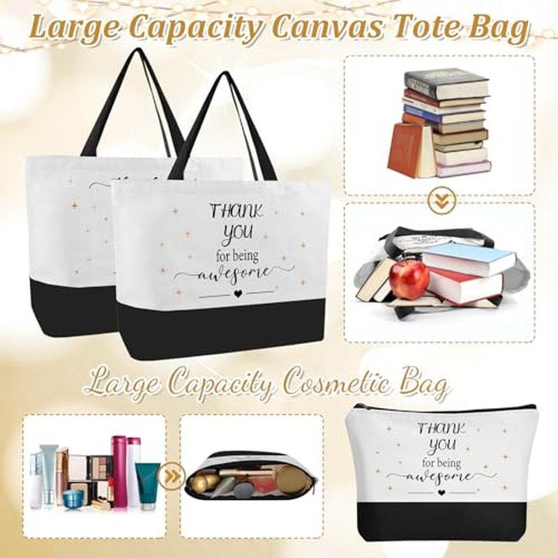 12 Pcs Thank You Canvas Tote Bag for Women Mother's Day Gifts Bags Inspirational Makeup Bag with Zipper Employee Appreciation Tote Bags for Mom Nurse Teacher Lady Team Coworker