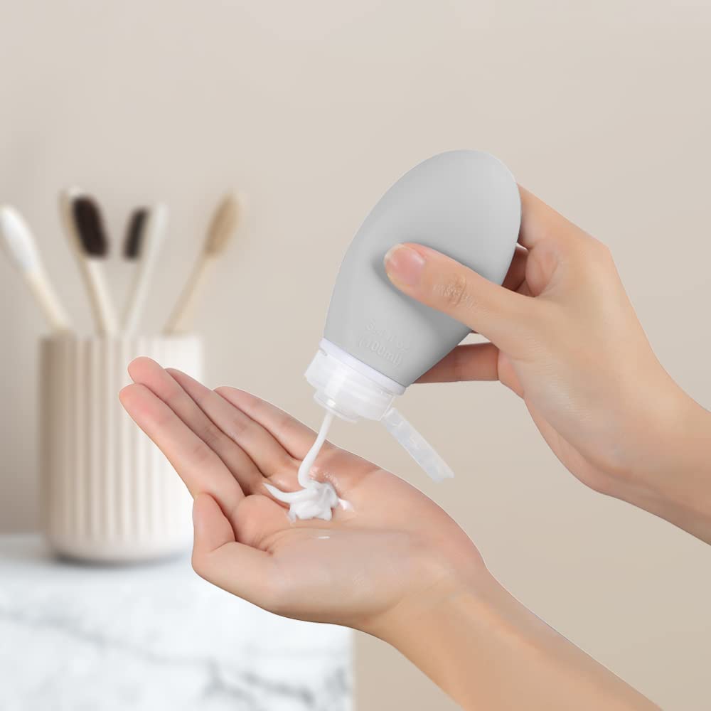 3.4 oz Silicone Travel Bottles for Toiletries, 4 Pack TSA Approved BPA Free Containers Set Leak Proof Refillable Squeezable Travel Accessories for Shampoo Conditioner Lotion Gray white blue green