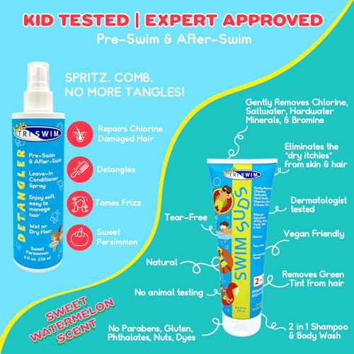 TRISWIM Kids Swim Care Bundle with Sweet Persimmon Scent - 8.5 oz Shampoo & 8 oz Detangler Spray