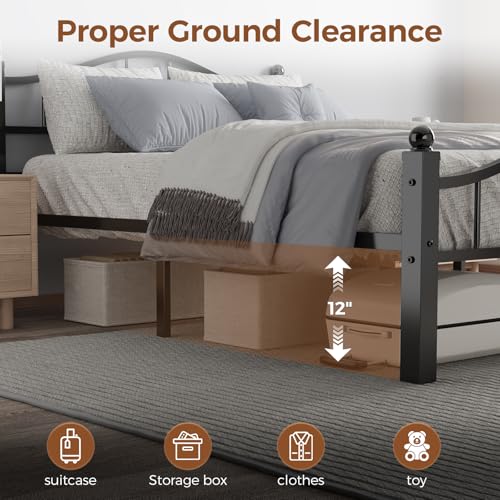 Full Size Bed Frame with Headboard - Black, Noise-Reducing, 14 Steel Bars, 12-Inch Clearance