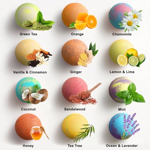 Luxury Bath Bomb Gift Set of 12 with Green Tea & Vanilla - Relaxing Aromatherapy Spa
