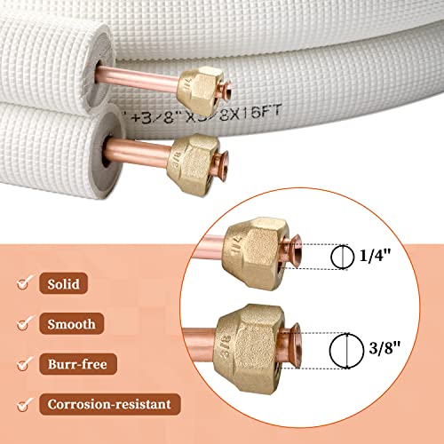 Wostore 16ft Mini Split Line Set, 1/4" & 3/8" Copper PE w/Fittings