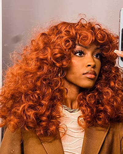 Copper Curly Wig for Women Long Afro Hair with Bangs - Bouncy Synthetic Fiber, Glueless, Daily & Cosplay