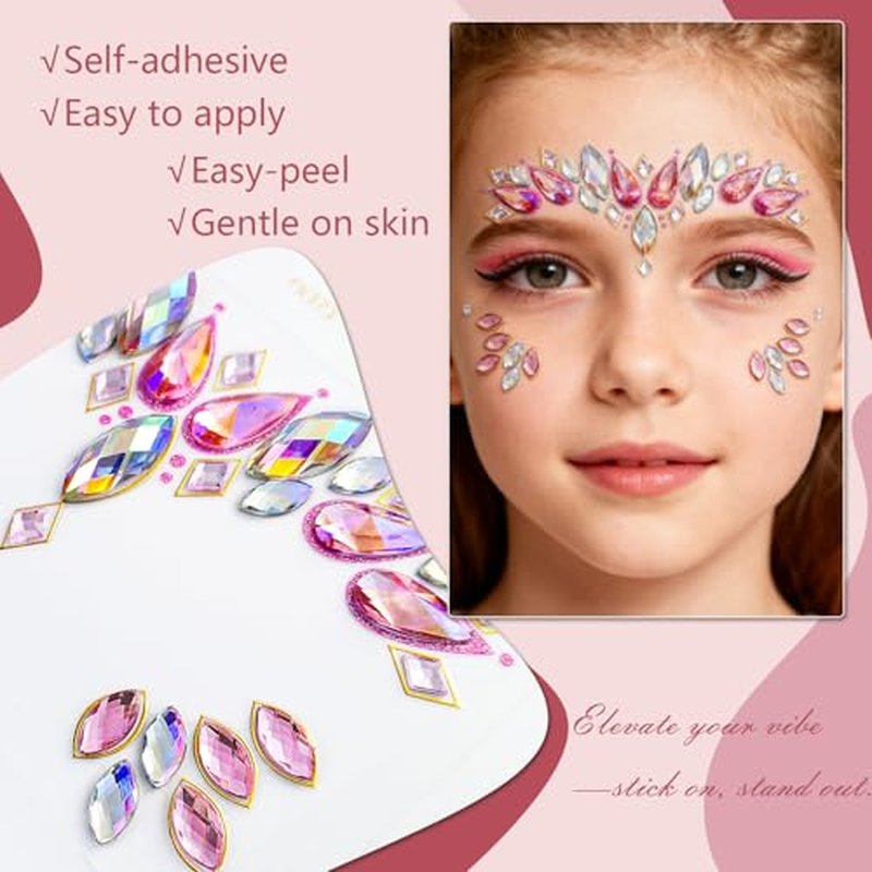 8 Sheets Mermaid Face Jewels Stick On,Self-Adhesive Face Gems,Temporary Crystal Stickers Sparkling Acrylic Face Rhinestones,Waterproof Face Jewels Rhinestone for Birthday Festival Music Carnival Party