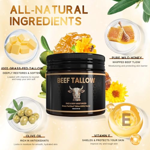 Beef Tallow for Skin ? Whipped Tallow & Wild Honey Balm Face & Body Moisturizer, Grass-Fed, Vitamin-Rich Deep Hydration Balm, 2.16 oz (2.12 Ounce, Unscented)