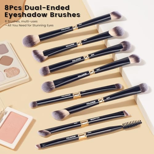 MAANGE 16-Piece Makeup Brush Set - Black Professional Face & Eye Brushes with Bag