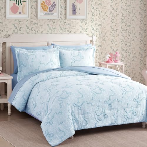 Light Blue Queen Comforter Set with Bow Tufted Design, 7 Pieces - Girls Bedding
