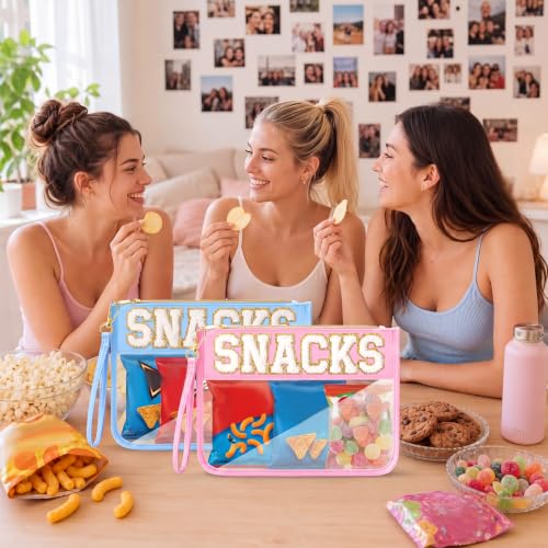 Kacctyen 6 Pcs Clear Makeup & Snack Bags with Chenille Letter Design, Waterproof Cosmetic Toiletry Organizer for Travel & Gym, Macarons & Snacks Variation