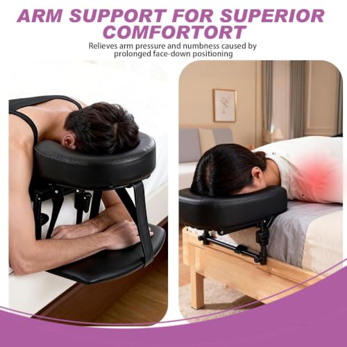 Adjustable Bed Massage Headrest with Armrest for Post-Surgery Recovery - Portable Face Down Pillow, Fits 6-17 Inch Mattresses, Black