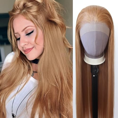 Zigzag Hair Strawberry Blonde Lace Front Synthetic Wig with Natural Hairline, Pre-Plucked & Heat Resistant - Long Straight Honey Brown Style