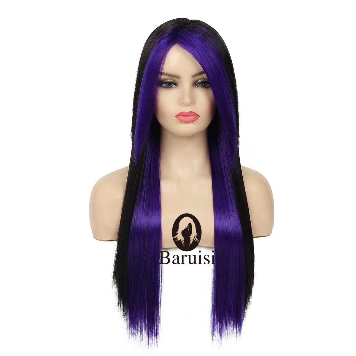 Silky Straight Long Red Black Wig with Side Bangs - Heat Resistant Synthetic Hair for Halloween