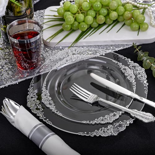 Morejoy 350PCS Clear Silver Disposable Plates Set - Elegant Party Dinnerware