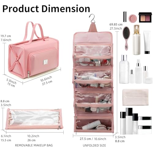 ROYALFAIR Roll Up Makeup Bag, Waterproof Toiletry Bag for Women, Hanging Travel Organizer bags with Jewelry Organizer Compartment, Extra Large 4 Clear TSA Approved Pouches Cosmetic Makeup (light red)