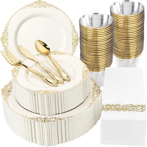 Morejoy Ivory and Gold Plastic Dinnerware Set 350PCS – Elegant Disposable Plates, Cups & Utensils for Events