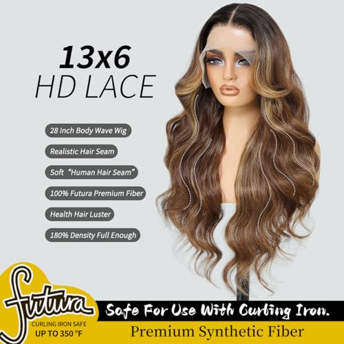 Synthetic Lace Front Wig 13x6 HD Highlight Brown Mix Blonde, 28 Inch Body Wave for Women