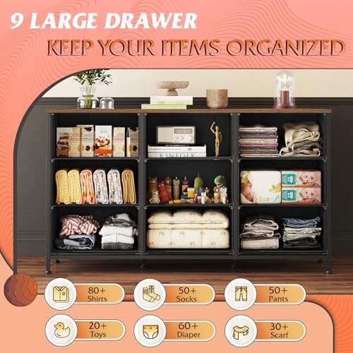 Rustic Brown 55 Inch TV Dresser with 9 Detachable Fabric Drawers and Wood Top - Ample Storage