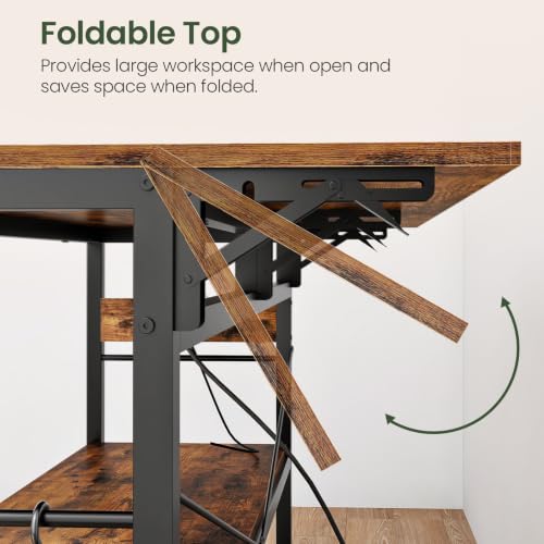Kitchen Island with Power Outlet, Folding Top & Wine Rack, Movable, Rustic Brown
