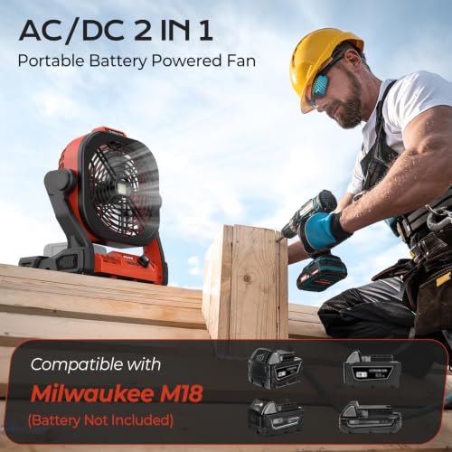 Fallinep Red Milwaukee M18 Battery Operated Fan with USB-C/USB-A, 4 Speeds, 270° Pivot, Hook & LED Light (Cordless Camping Fan) - No Battery