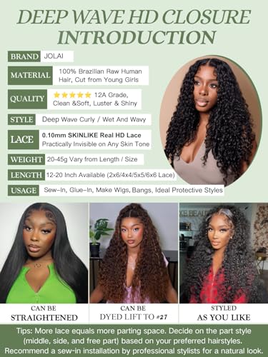 Deep Wave Human Hair Closure 2x6 HD Lace 10 Inch Natural Black