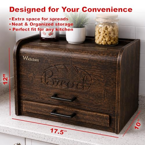Brown Rustic Bread Box - Fully Assembled Large Wooden Kitchen Storage, Double Layer Design