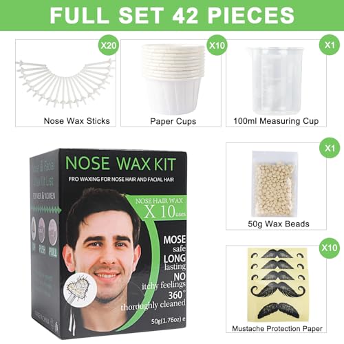 Nose and Ear Hair Waxing Kit - Hair Removal Set for Men and Women with 50g Wax Beads, 20 Applicators (10 times), 10 Paper Cups, and 10 Mustache Guards