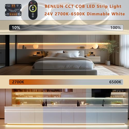 24V COB LED Strip Lights 65.6ft with Remote and Power Supply - Dimmable, Cuttable, High Brightness
