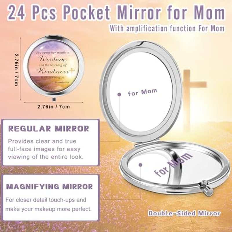 24 Sets Mother's Day Church Gifts Bulk Christian Compact Makeup Mirror Bible Verse Round Pocket Mirror with Gift Cards Organza Bags for Women (3 Style)