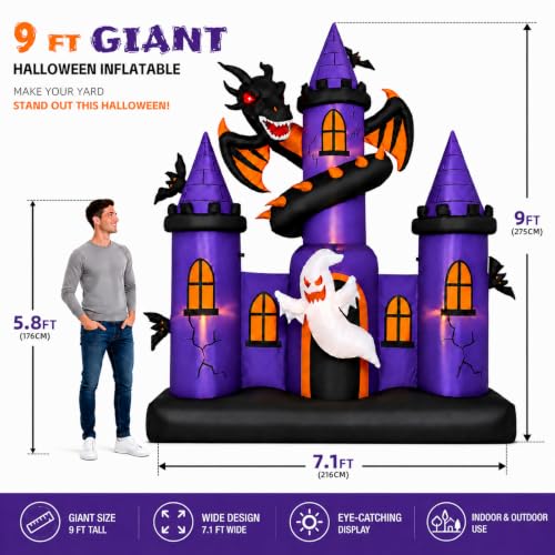 9 FT Inflatable Haunted Castle with Dragon Ghost LED Yard Decor