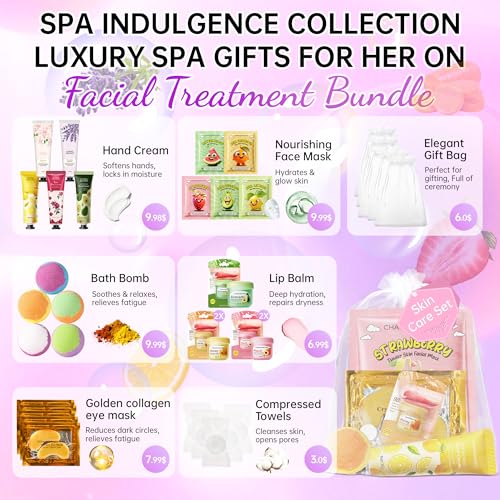 35 Pcs Spa Party Supplies for 5 ? Spa Gifts for Women, Girls & Kids | Spa Set with Eye & Face Masks, Lip Balm, Hand Cream, Bath Bombs, Towels & Gift Bags | Spa Kit for Birthdays, Sleepovers, Spa Days