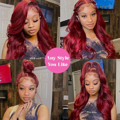 24 Inch Burgundy Lace Front Wigs Human Hair 13x4 HD Transparent Body Wave Pre Plucked 180% Density Glueless