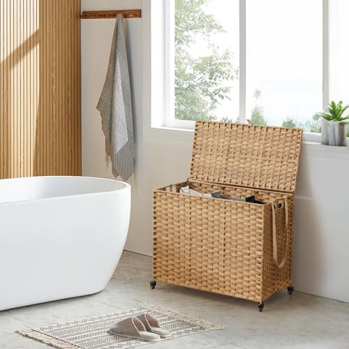 Laundry Hamper with Wheels 52.8 Gallon Natural Rattan Style with Lid & Removable Liners - 31.5 x 15.75 x 25.6 Inches
