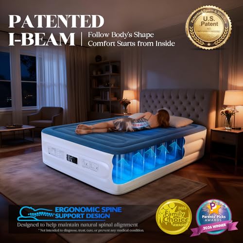 Blue Queen Air Mattress with Built-In Pump - 18 Inch Elevated Blow Up Bed