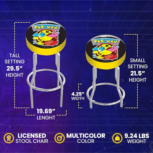 Modern Pac-Man Arcade Game Stool - Adjustable Padded Seat, Steel Frame, Chrome Finish, Leg Extenders, Home Use
