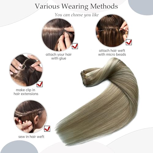 Ash Blonde Balayage Sew In Hair Extensions 14 Inch Human Hair Weft - Variation #18/60