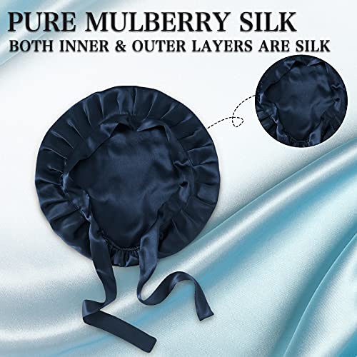 Silk Bonnet for Sleeping 100% Mulberry Silk Sleep Cap for Women Hair Care Night Cap with Adjustable Ribbons(Medim, Navy Blue)