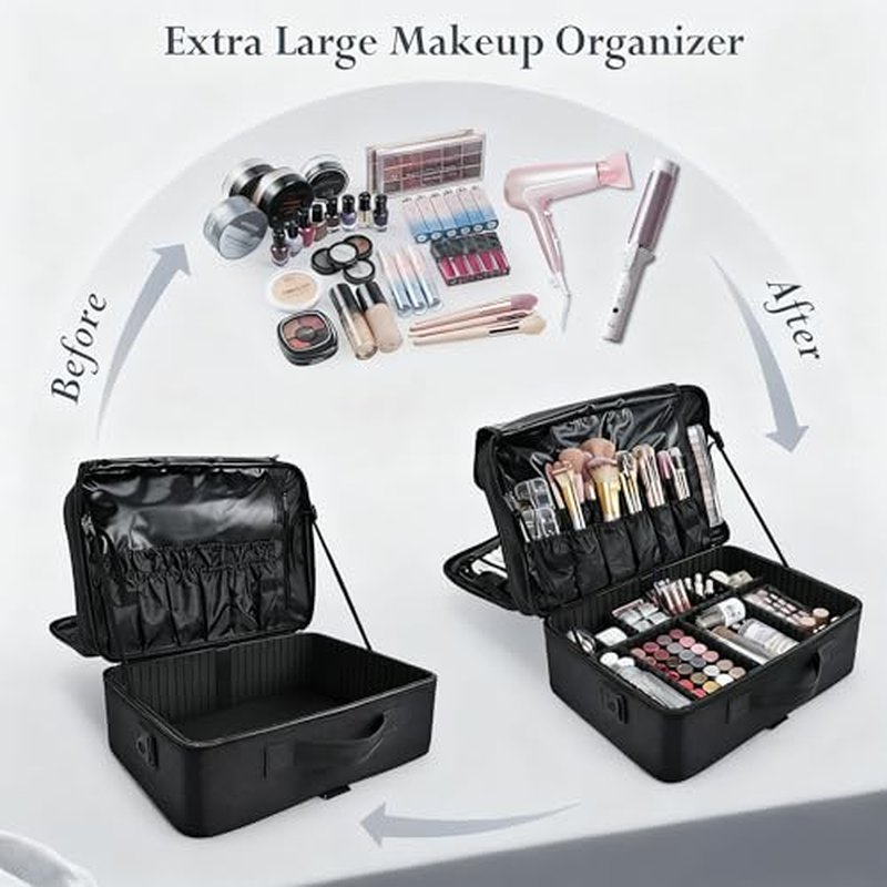 Adazzo Large Makeup Bag, 3 Layers 17¡± Makeup Case Organizer with Mirror Professional Cosmetic Storage Backpack Box Travel Artist Carrying Vanity Bags with Brush Slot/Shoulder Strap/Attach to Suitcase
