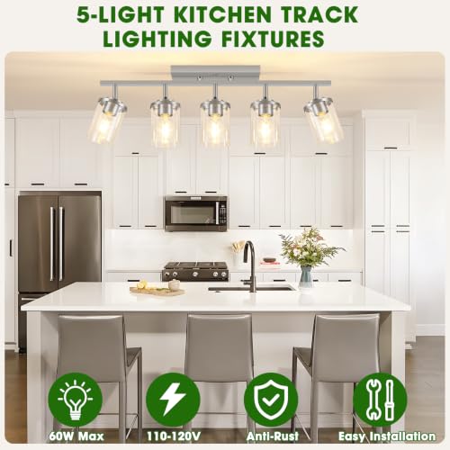 Brushed Nickel 5-Light Track Ceiling Light Fixture with Clear Glass Shades — Modern Adjustable Spotlight for Kitchen Living Room Hallway