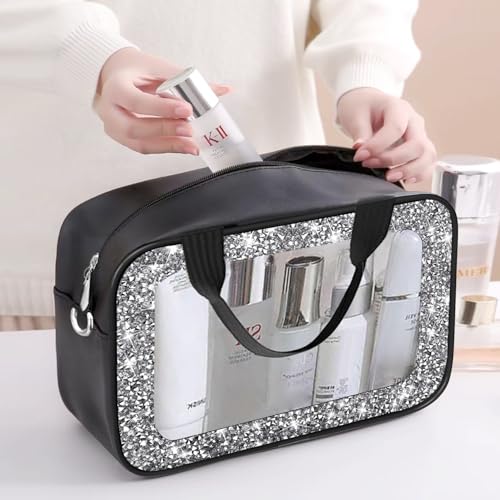 Meetart Diamond Black Clear Makeup Bag with Detachable Shoulder Strap - Travel Toiletry Organizer
