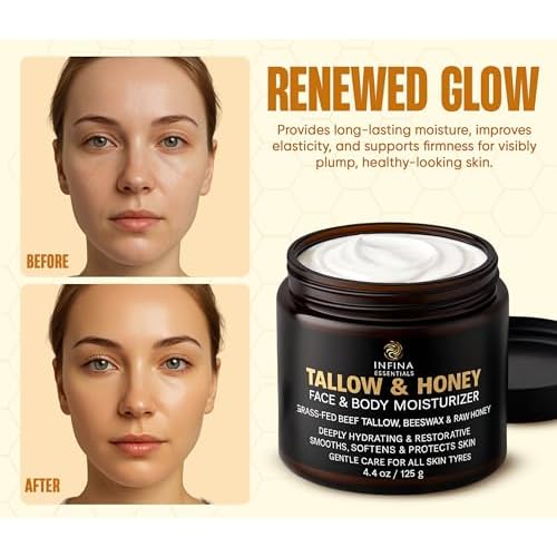 Beef Tallow for Skin with Raw Honey ? Grass Fed Beef Tallow Face & Body Moisturizer - Balm Style Hydrating Cream with Beeswax & Olive Oil for Dry Skin, Hands & Feet ? 4.4 oz