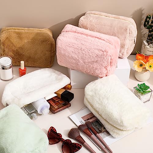 Sanwuta 9 Pcs Fuzzy Makeup Bag Bulk Aesthetic Preppy Fluffy Plush Cosmetic Pouch Zipper Cute Pencil Case Travel Toiletry Bag for Women Winter Christmas Gifts Wedding Party Favors, 9 Colors