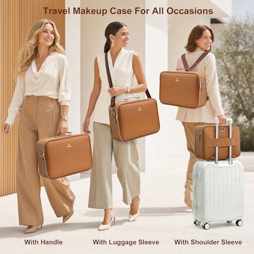Faquenc Brown Large Makeup Train Case with LED Mirror, Travel Organizer